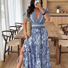 guang zhou mi qian shang mao Weeklong Vestido de mujer de talla grande con cuello en V profundo, manga corta con volantes y estampado de vacaciones - Multicolor - Ver 9