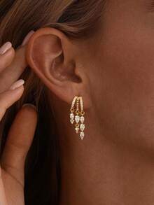 Gold Earrings For Women ,14k Gold Plated Drop Dangle Earrings Dainty Triple Huggie Earrings Cute Hypoallergenic CZ Drop Stud Earrings Unique Gold Jewelry Wedding Prom For Women Gift - Gold - View 1