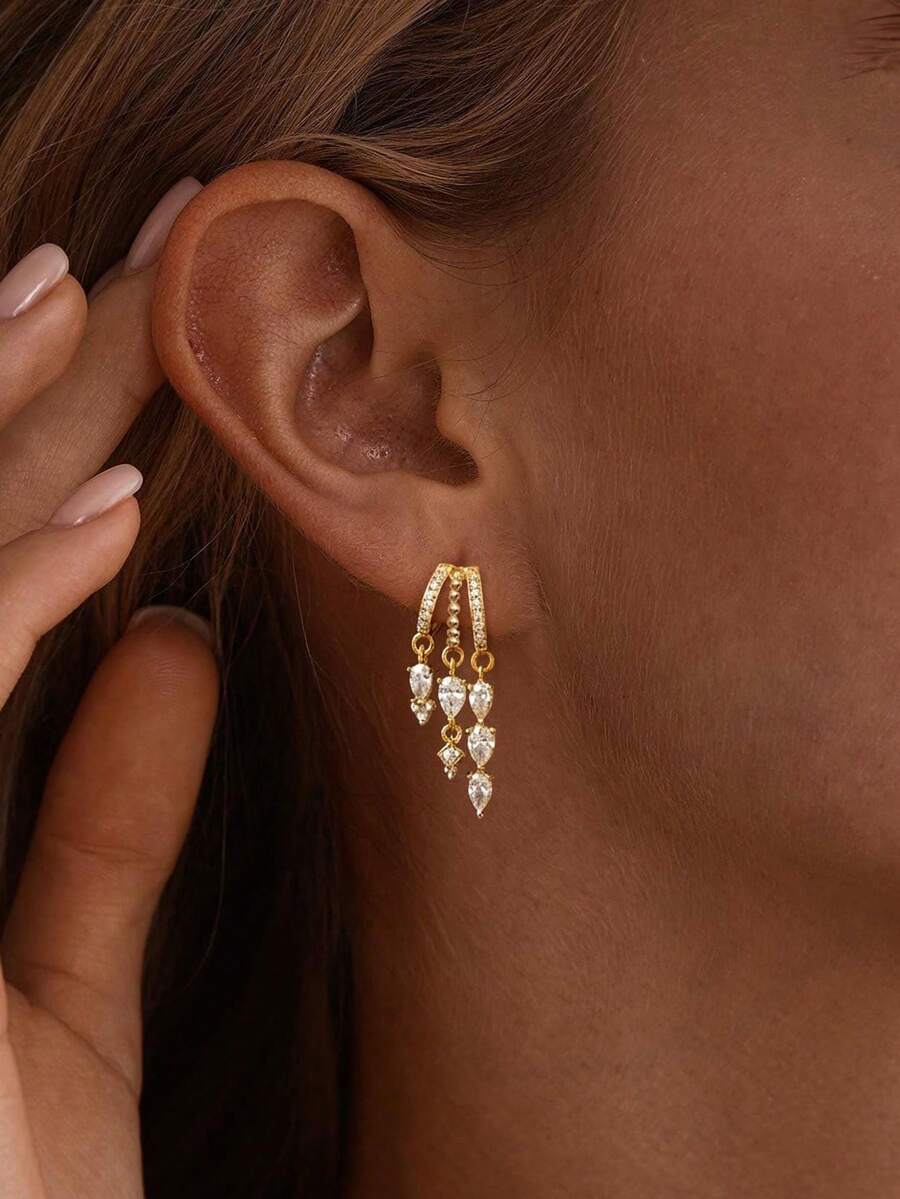 Gold Earrings For Women ,14k Gold Plated Drop Dangle Earrings Dainty Triple Huggie Earrings Cute Hypoallergenic CZ Drop Stud Earrings Unique Gold Jewelry Wedding Prom For Women Gift - Gold - View 1
