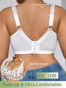 Plus Size Women's Wireless Bra With Floral Print, Breathable Non-Slip Lace Patchwork, Supportive Lift, Adjustable Straps, Seamless For Daily Wear - White - View 4