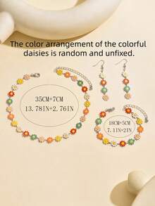 Set Perhiasan Minimalis 4pcs/Set Motif Bunga Daisy Warna-warni, Kalung, Anting, dan Gelang, Cocok untuk Pemakaian Sehari-hari, Liburan Musim Panas, Pesta, Festival Musik. Panjang Rantai Buatan Tangan Dapat Disesuaikan, Susunan Warna Bunga Acak - MultiWarna - View 4