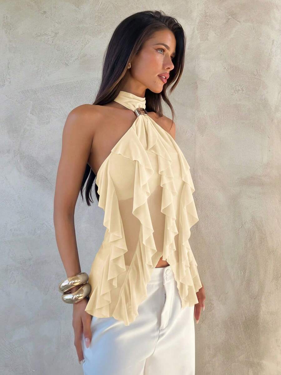 Women's Fitted T-Shirt With High Neck And Elegant Multi-Layered Ruffles - Yellow - View 1