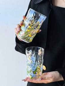1個復古花卉玻璃馬克杯，復古盛開高美感Ins風冷萃玻璃杯，可愛女性水杯，適用於冰美式咖啡、果汁、各種茶飲、日常水杯、辦公室、商業用途 - 彩色 - 查看 5