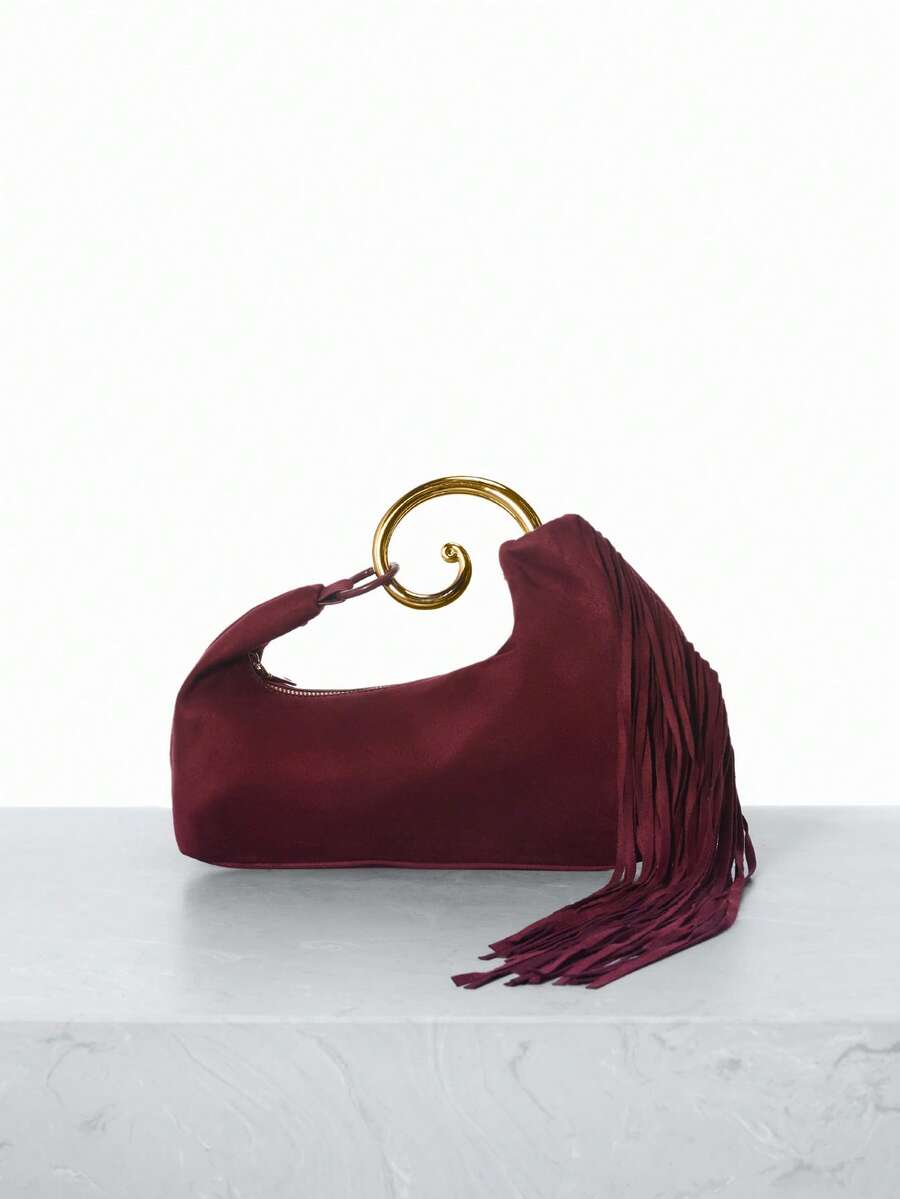 CHICVUE 1 pieza Bolso de mano de terciopelo burdeos con borla y gancho espiral dorado, adecuado para eventos formales y reuniones sociales - Burdeos - Ver 1