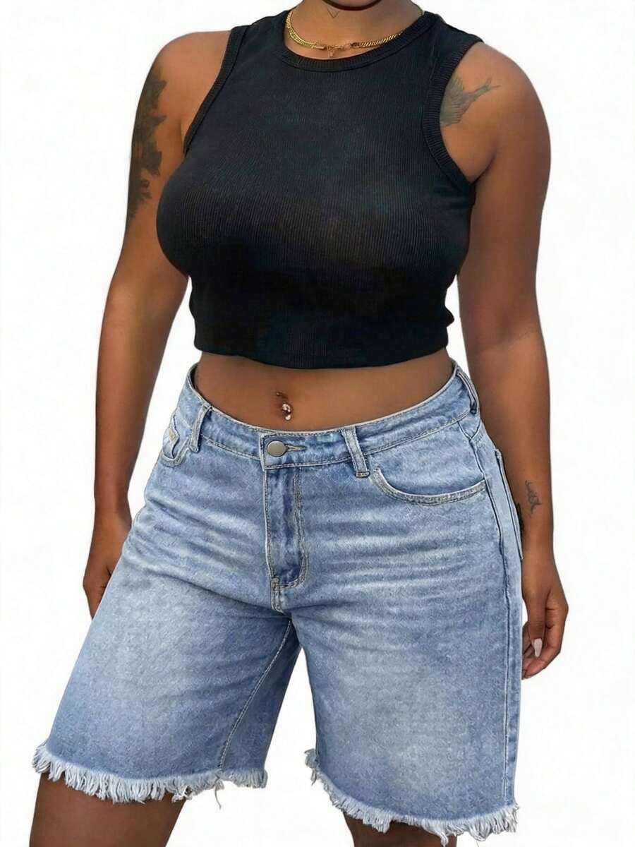 Blazique Plus Size Women's Mid-Waist Bermuda Denim Shorts With Button Pockets, Zipper, And Frayed Hem Casual Summer - Blue - View 1