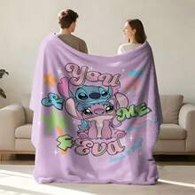 迪士尼 Lilo & Stitch "You & Me 4 Eva" 法蘭絨披毯，柔軟舒適的絨毛刷毛毯，印有史迪仔與安琪拉圖案，適用於沙發、床鋪、客廳、臥室、辦公室、旅行，四季皆宜 - 顏色 1 - 查看 2