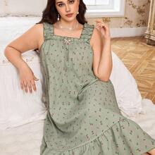 dahkjdgajy CottageSlumber Camisón maxi sin mangas con volantes y estampado floral pequeño para tallas grandes, vestido de casa con esplendor floral abundante en verde, vestido de estar por casa con estampado floral para mujeres - Azul - Ver 4