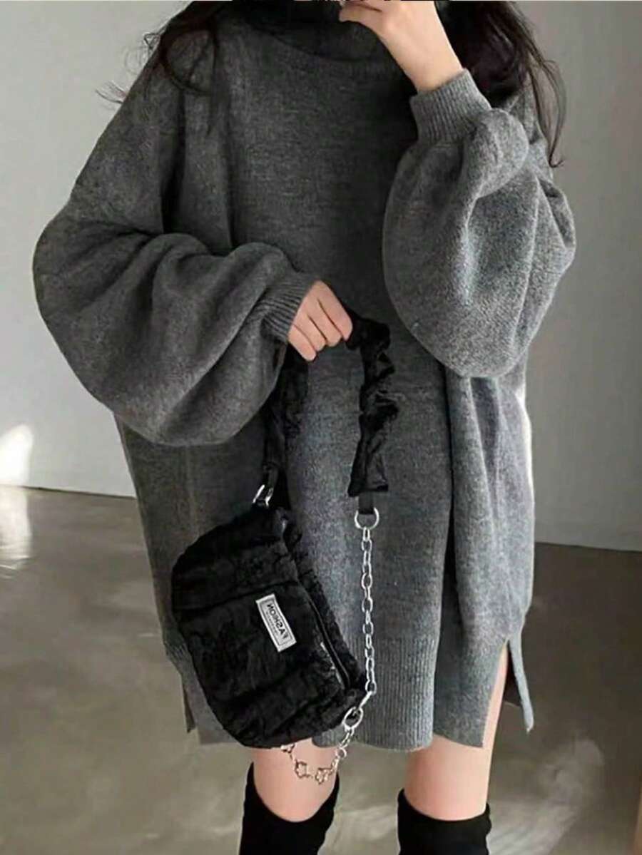 Women's Fashionable Versatile Solid Color Soft High Neck Knitted Sweater, Loose Fit Slimming Long Pullover, Suitable For Spring, Autumn And Winter, Daily Commute And Outings - Grey - View 1