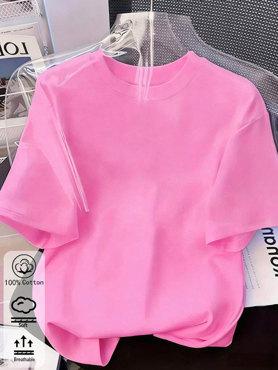 100%棉 男女同款玫紅色T卹,plus size,春夏 四季 新款 運動上衣,休閒 時尚 柔軟 透氣 中性短袖上衣 - 玫紅色 - 查看 1