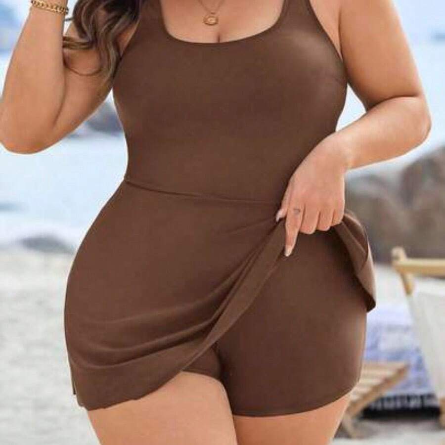ghadjgyjad Swim Lushoire Vestido de baño de una pieza con escote cuadrado, talla grande, para vacaciones de playa en verano - Marrón - Ver 1