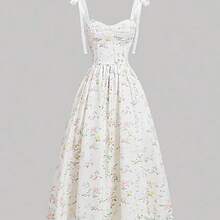 ghadjgyjad  MOD Vestido azul con pliegues en el busto, hombros con lazo, cintura ceñida, bajo acampanado, adecuado para boda, fiesta de cumpleaños, cita, vacaciones, té de la tarde - Albaricoque - Ver 2