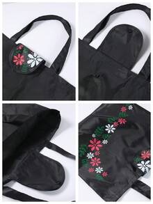 Bolsa de compras reutilizable con diseño de flor de hoja negra, bolsa plegable de gran capacidad, duradera y lavable - Negro - Ver 10