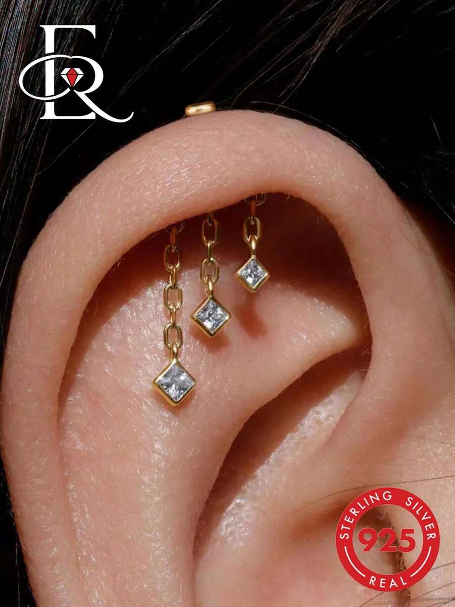 EleRunis 1PC 925 Sterling Silver Tiny Tassel Eometry Vertical Piercing Earring Cartilage Helix Piercing Jewelry For Women Daily Wear Wedding Party Engagement - Gold - View 1
