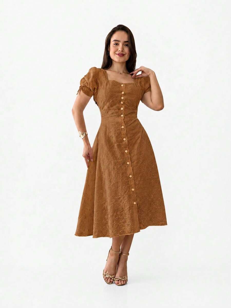 Women's VALENTINE Midi Dress, Vintage Caramel Color With Short Puff Sleeves, A-Line Silhouette And Front Button Closure. - 駝色 - 查看 1