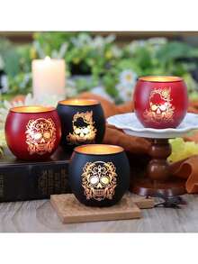 1 pièce Bougeoir en verre avec imprimé de crâne gothique, décoration de bougie chauffe-plat, design vibrant du Jour des Morts mexicain, motif floral, décoration d'ambiance de fête d'Halloween vintage rouge et noire, ornement de décoration pour la maison du Jour des Morts, décoration de table de fête - Multicolore - Voir 4