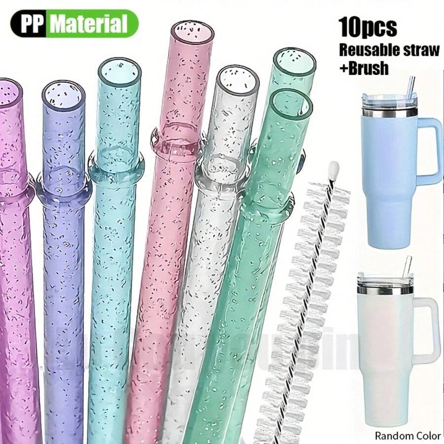 Set 10 Sedotan Reusable Warna Acak, Termasuk Sedotan Plastik dan Sikat Pembersih, Cocok untuk Gelas 30/20 Ons, Cocok untuk Restoran/Hotel/Acara Luar Ruangan Komersial - View 1