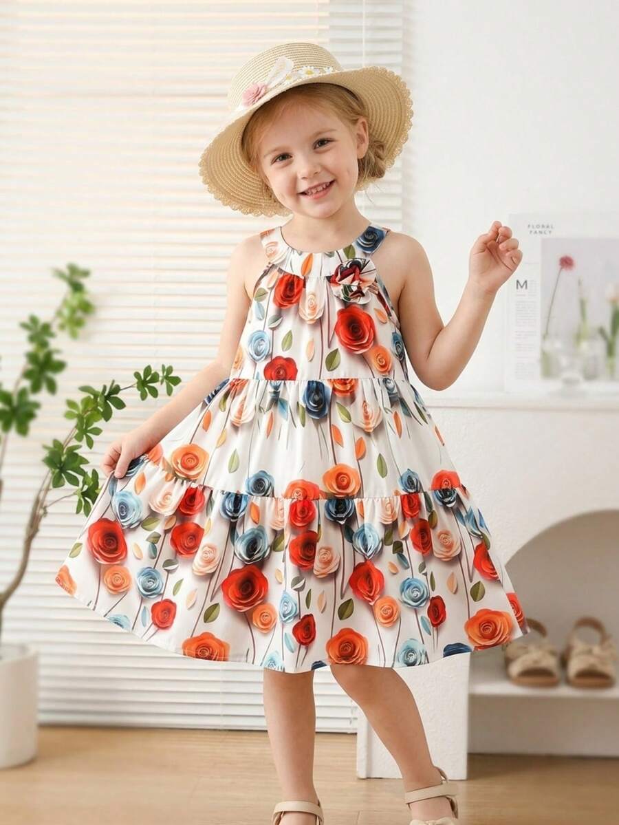 Summer Cute Print Off-Shoulder Dress For Girls - White - View 1
