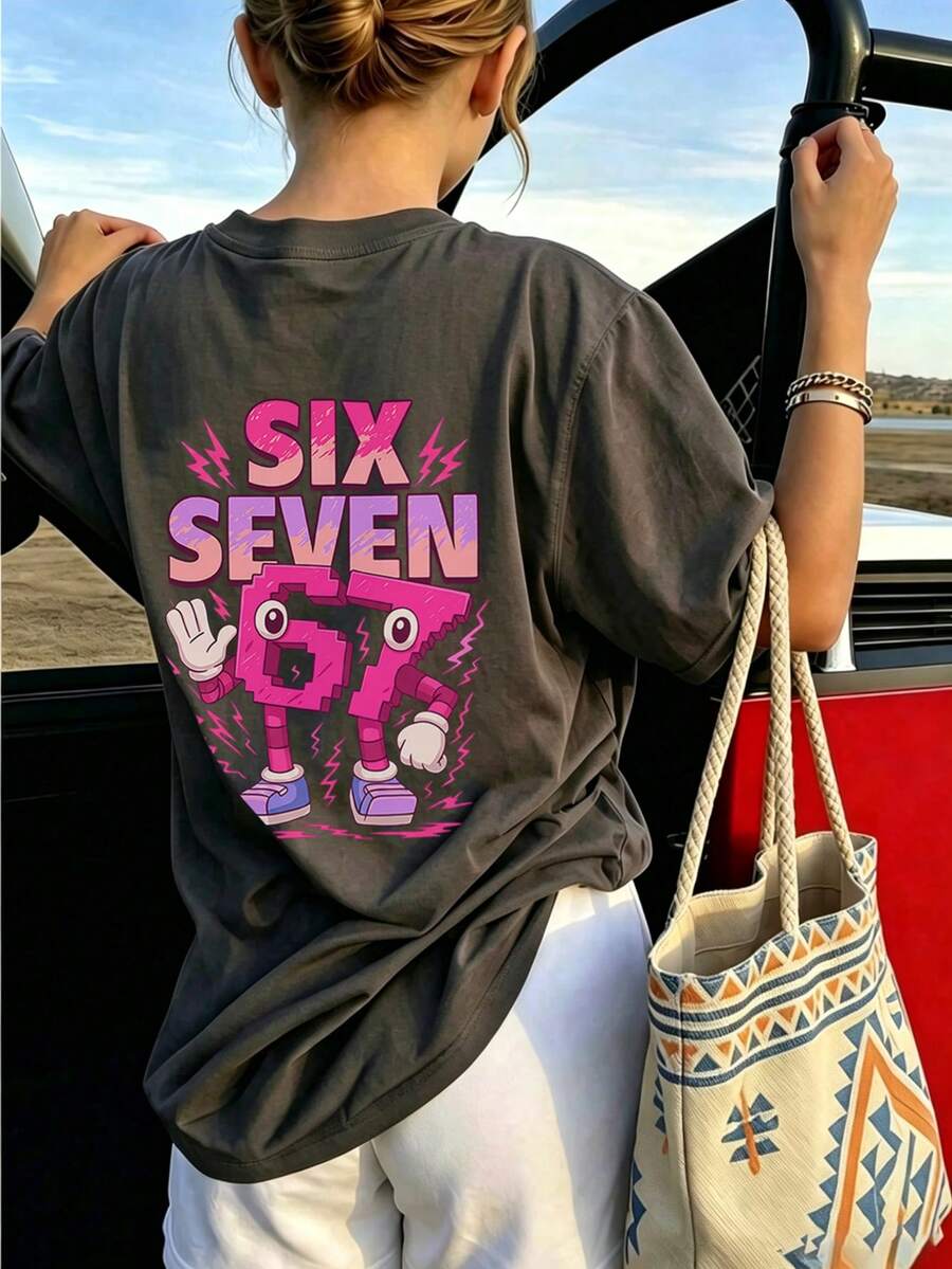 少女款“SIX SEVEN”卡通数码印花粉色T恤,适合日常穿着、街头风、活动场合,休闲百搭的夏季女童上衣 - 深灰色 - 查看 1