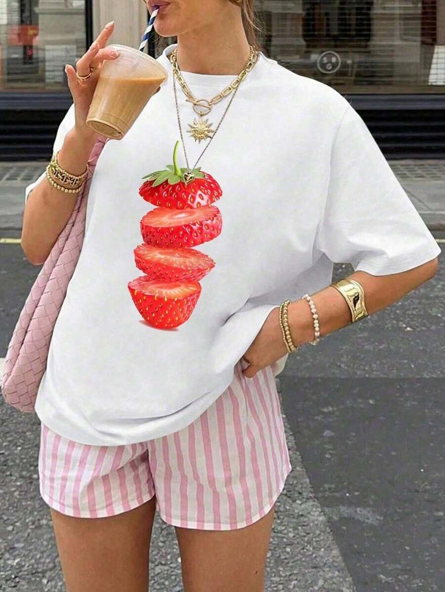 Summer Tops Plus Sizes Summer Short-Sleeved Blouse With Oversized Strawberry Print For Women Cotton T-Shirt, College Style, Strawberry Pattern - White - View 1