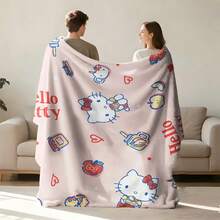 三麗鷗 Hello Kitty 法蘭絨毛毯，柔軟舒適的絨毛毯，印有可愛的 Hello Kitty、蘋果和零食圖案，適用於沙發、床、客廳、臥室、辦公室、旅行，四季皆宜 - 顏色 1 - 查看 2