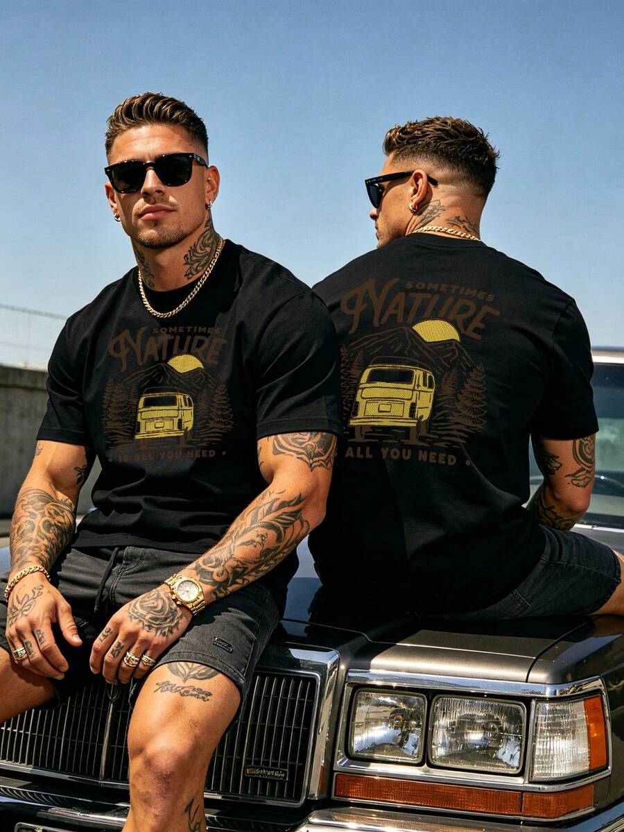 Fashion Streetwear Men Basic Tee Daily Wear Crew Neck T Shirt - Black - View 1