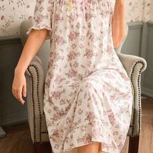 guangzhougaolangshangmao CottageSlumber Camisón romántico de talla grande con volantes en el bajo, estampado floral diminuto y arrugado - Multicolor - Ver 7