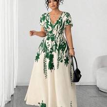guangzhougaolangshangmao  Vestido maxi de mujer talla grande con estampado floral verde, manga corta, cintura fruncida y efecto estilizante, de estilo minimalista y elegante, para primavera - Negro01 - Ver 5