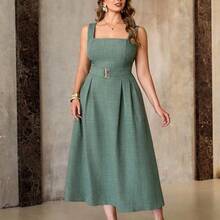 ghadjgyjad Roveilla Vestido maxi holgado sin mangas con cuello cuadrado de punto de bambú de unicolor, cinturón con hebilla metálica, talla grande, verde militar, elegante, estilo retro francés, formal, oficina, casual, vacaciones, té de la tarde, minimalista, versátil, primavera/verano, nuevos vestidos de verano para mujeres, vestidos formales, vestidos casuales elegantes, vestidos clásicos de oficina para damas - Verde - Ver 4