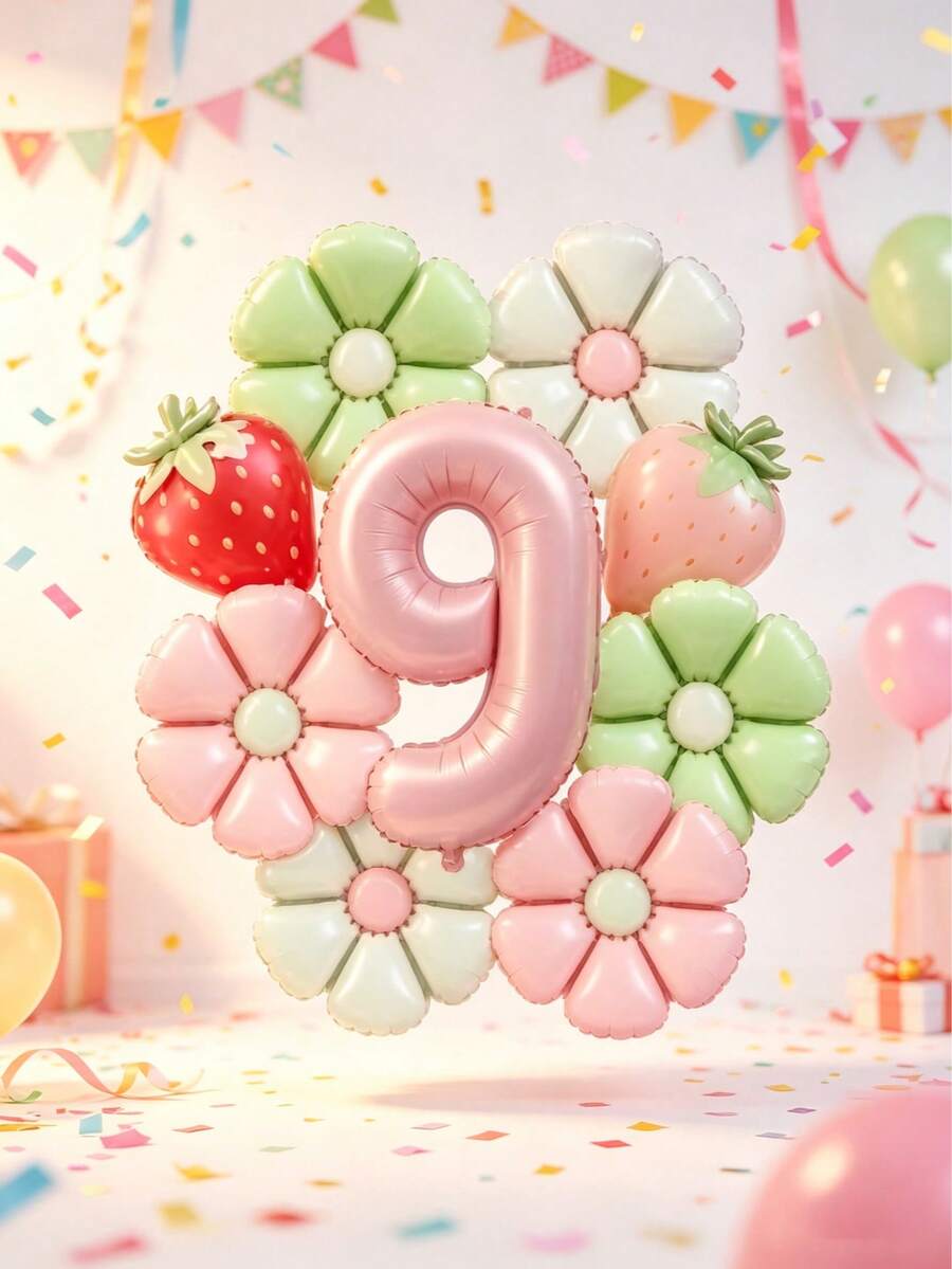 A Strawberry And Flower Birthday Balloon Set Contains Pink Number Foil Balloons, Daisy Foil Balloons And Strawberry-Shaped Foil Balloons. Suitable As Birthday Gifts For Sons And Daughters, As Well As Photo Backdrop Props - View 1