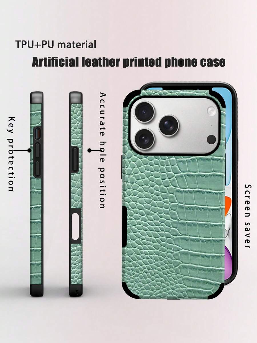 1pc Black Crocodile Texture Shockproof Anti-Drop Leather Phone Case With Rotating Design And Leather Crafting Compatible With IPhone 17/16/15/14/13/12/11/XR/7P/8P/XS Max/X/XS Galaxy - Apply Green - View 1