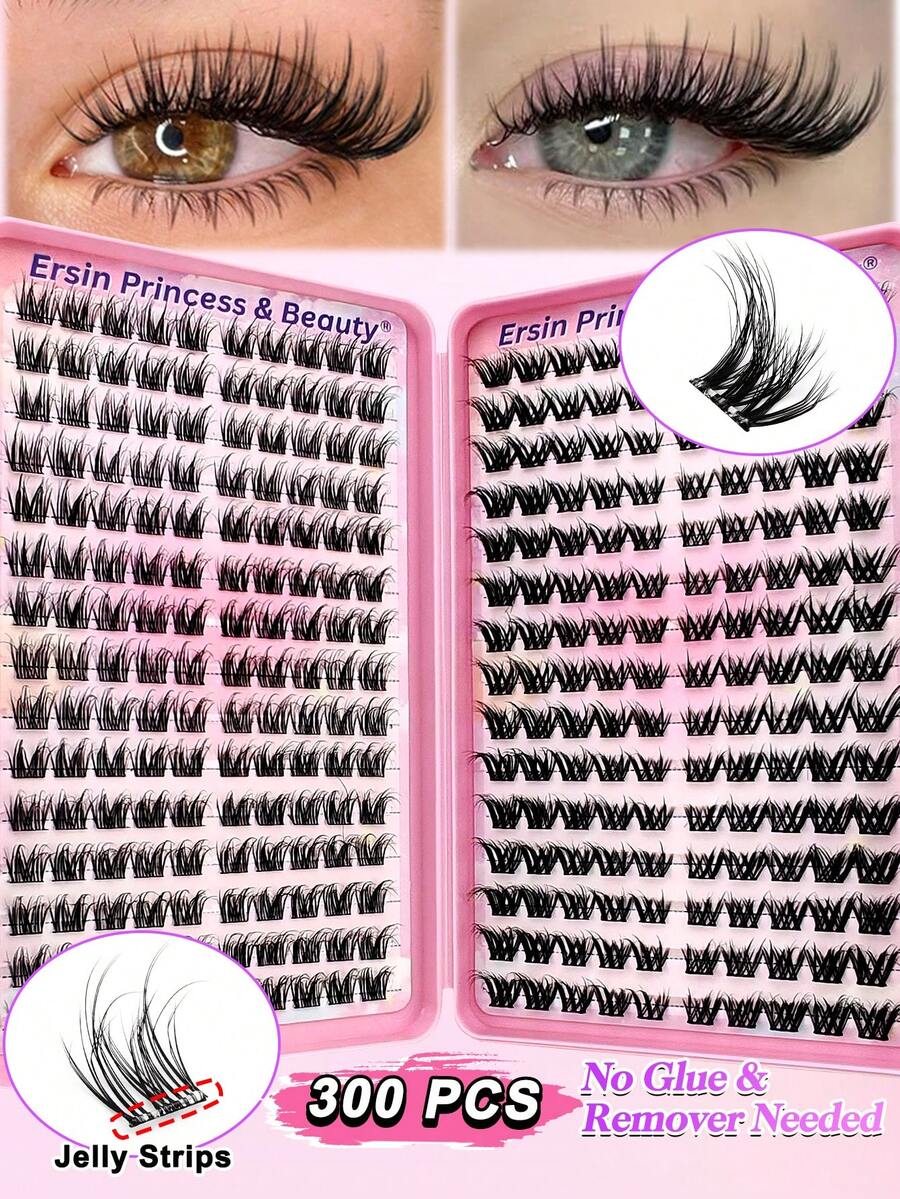 300pcs 2 Styles Mixed Self-Adhesive False Eyelash Clusters, Fluffy Type, 8-16mm Mixed Length, Fluffy Individual False Eyelashes, Self-Adhesive DIY False Eyelash Extensions, Cluster False Eyelashes, Natural Long D-Curl Eyelash Clusters, False Eyelashes - Black - View 1