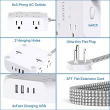 Regleta con Protector de Sobretensión, Cable de Extensión con Enchufe Plano de 5 pies, 8 Tomas de Corriente, 4 Puertos de Carga USB (Incluyendo 2 USB-C), Expansor Multitoma – Esencial para el Hogar, la Oficina y los Dormitorios Universitarios - Tipo de Enchufe B USA (110-127V) - Ver 7