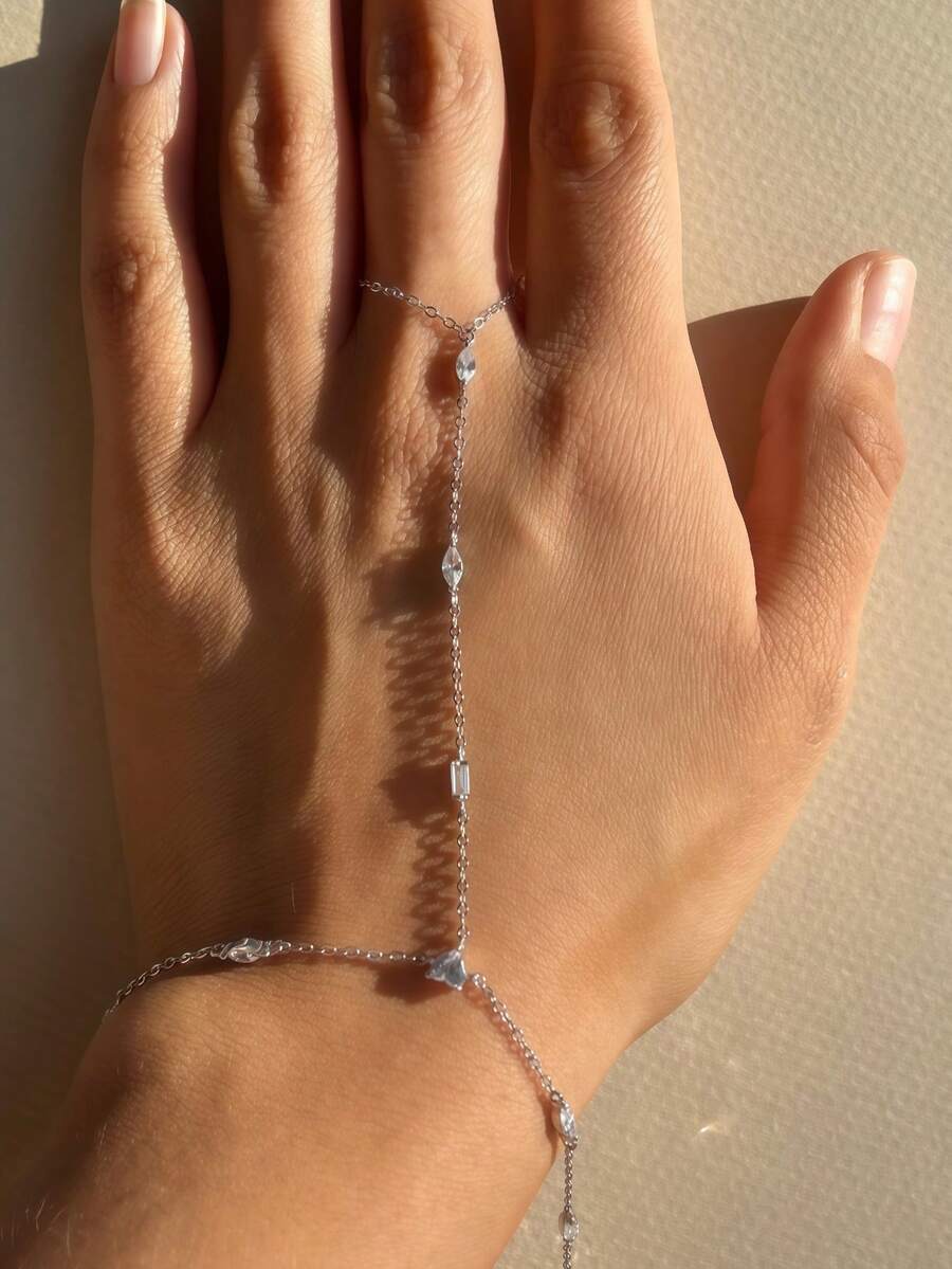 精緻立方氧化鋯手指手鍊,適合女性日常、約會、派對、宴會穿搭 - 銀色 - 查看 1