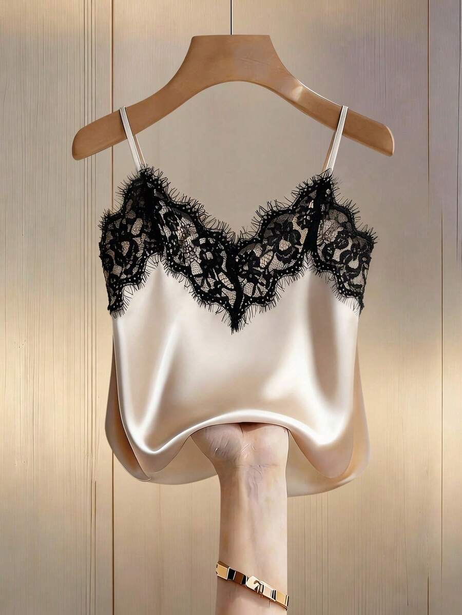 Top camisero ajustado de encaje y satén con parches, top corto casual para verano, vacaciones en la playa y viajes para mujeres - Albaricoque 2 - Ver 1