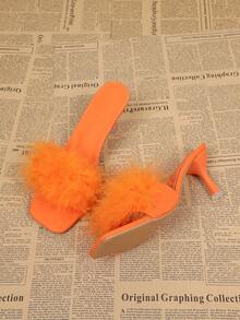 Sandalias de tacón alto para mujer con punta cuadrada y punta abierta, piel sintética naranja, sandalias de fiesta de tacón de aguja nuevas para verano - naranja - Ver 3