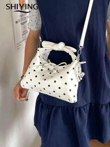 Fashion Polka Dot Handbag, Women's Multifunctional Shoulder Crossbody Bag, Vintage Bow Decor Drawstring Half Moon Bag - White - View 10