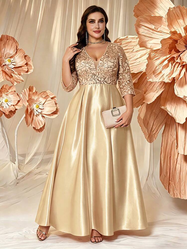 XUIBOL Đầm dạ hội maxi satin thanh lịch cho nữ size lớn, cổ chữ V, tay lỡ 3/4, đính sequin vàng, phù hợp cho đám cưới và tiệc gala - Rượu sâm banh - Xem 3