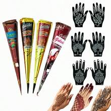 3pcs Golecha Henna Cone/Kaveri Henna Cone + 6pcs Tattoo Stencil Templates, Henna Tattoo Semi-Permanent Henna Temporary Waterproof Stencils For Body Art, Easy To Use Mehndi Tattoo Kit,Sketch Style - Multicolor - View 1