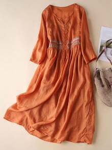 Vestido elegante de talla grande para mujer con cuello en V, bordado, cintura ceñida y media cremallera - Naranja - Ver 4