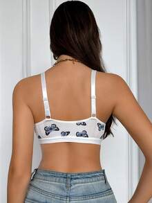 Women's Lace Patchwork Butterfly Print Front Closure Underwire Bra - White - View 2