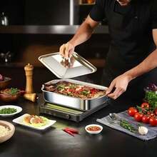 4-Piece (2 Stainless Steel Deep Pans And 2 Lids With Handles) Heavy-Duty Stainless Steel Rectangular Fish Baking Tray With Lid, Suitable For Barbecue, Buffet And Home Cooking, Suitable For Dessert, Bread, Seafood, Suitable For Barbecue. - Multiple Styles - View 7
