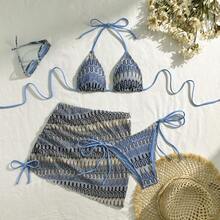 New Three-Piece Swimsuit Set With Embroidery And Gradient, Very Sensual - Peacock Blue - View 7