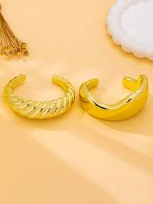 2pcs/Set Women's Fashion Open Bangle Bracelet Set, Bohemian Style Plain And Textured Open Bangles, Suitable For Daily Wear And Vacation - Yellow Gold - View 5