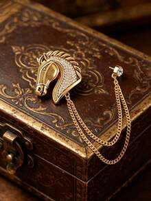 1 Peça Broche Vintage de Cabeça de Cavalo com Corrente Dupla, Alfinete de Lapela Ocidental de Luxo para Homens, Acessório para Todas as Estações para Negócios, Uso Diário, Festa & Presentes de Aniversário de Feriado - Cabeça de cavalo dourada com corrente - Visão 3