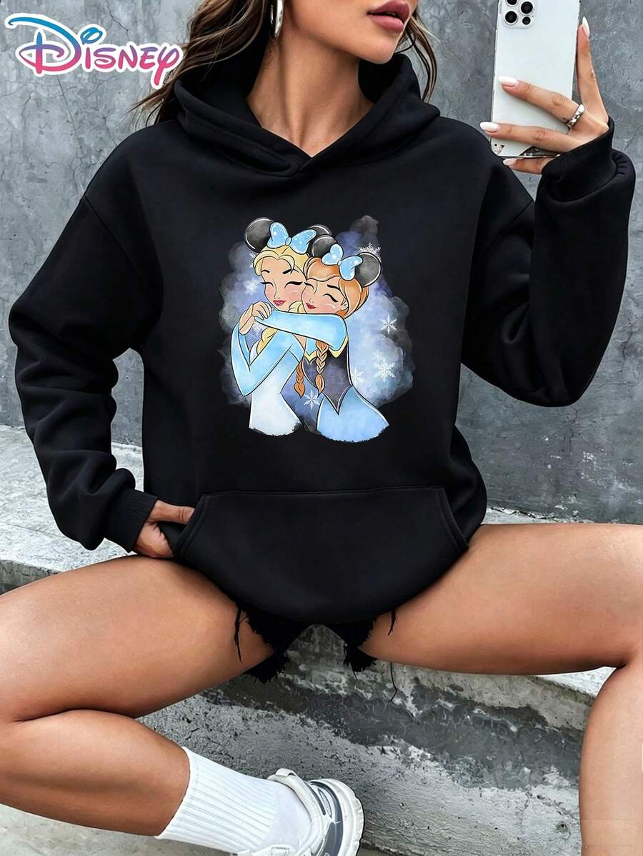 Disney Frozen Elsa & Anna Princess Sisters Hugging Minnie Mouse Ears Headband Snowflake Background Cartoon Graphic Pullover Hoodie Women's Casual Daily Wear Long Sleeve Sweet Sisterhood Style Best Friends Matching Outfit Princess Fans Gift It Is A Gift For Fans And Friends, And It Is Also A Perfect Gift Choice For Lovers, Relatives And Friends. - Black - View 1