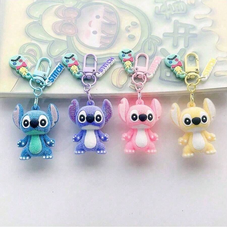 1pc New PVC Stitch Flocked Keychain Pendant, Cute Backpack Accessory, Party Favor Gift - One Size - View 1