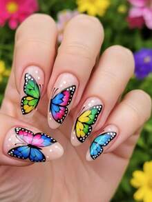 Uñas postizas pintadas a mano con diseño de mariposa arcoíris, forma de almendra media-larga, puntas de uñas falsas de color nude translúcido que iluminan la piel - Multicolor - Ver 1