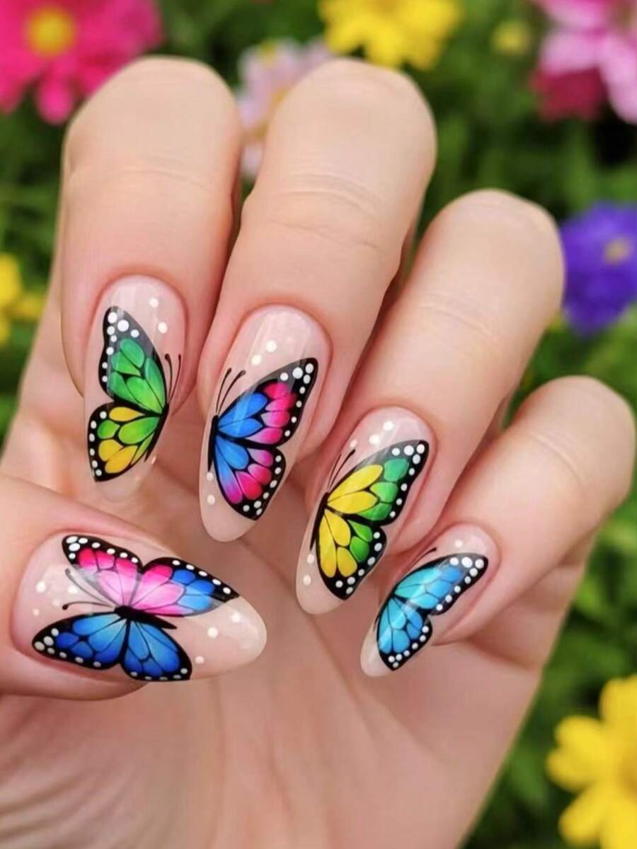 Uñas postizas pintadas a mano con diseño de mariposa arcoíris, forma de almendra media-larga, puntas de uñas falsas de color nude translúcido que iluminan la piel - Multicolor - Ver 1