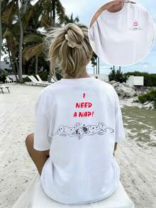 Minimalist. 100% Cotton. 1 Piece. Women's Double-Sided Scoop Neck T-Shirt, "I Need A Nap!" Dalmatian Dog Graphic Tee, Fun Casual Short-Sleeved Top. Spring Summer Top. - White - View 1
