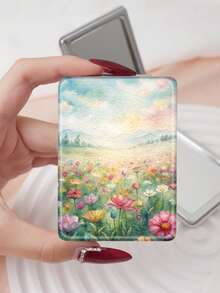 1PC Oil Painting Healing Style Landscape Series Portable Folding Lightweight Ultra-Thin Convenient Durable PU Leather Suitable For Multiple Scenes All People Folding Rectangular Small Mirror Portable Fresh Ins Style Unique Pastoral Sky Kitten Print Pattern Design Exquisite Delicate Folding Structure Durable Reliable - Multicolor - View 15
